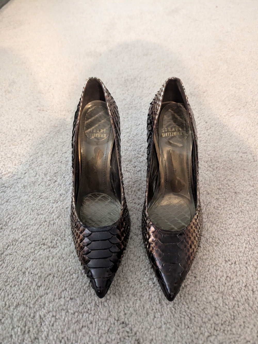 Stuart Weitzman Dark Brown Snakeskin Pointed-Toe Pumps